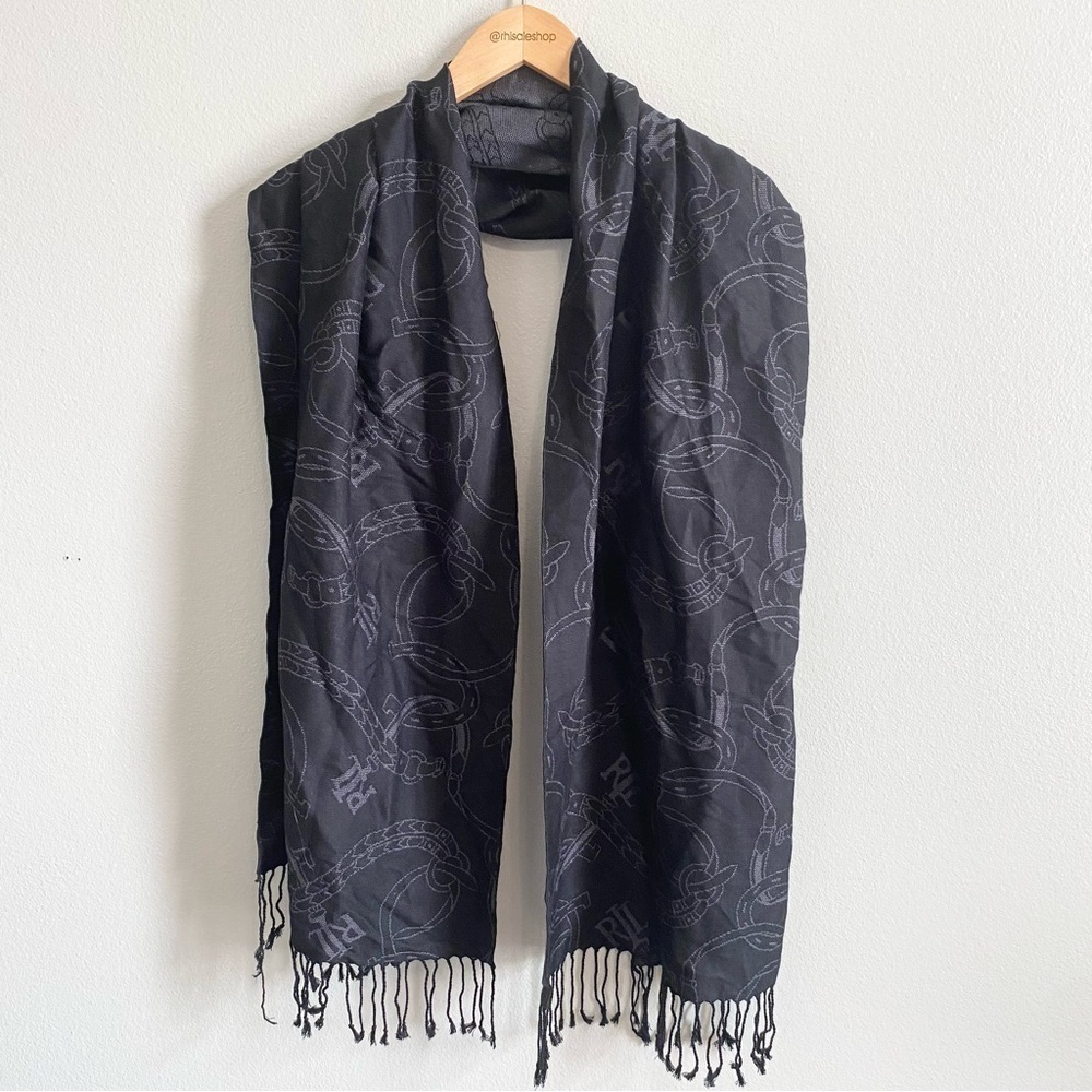 Lauren Ralph Lauren Black and Gray Equestrian Logo Knit Scarf